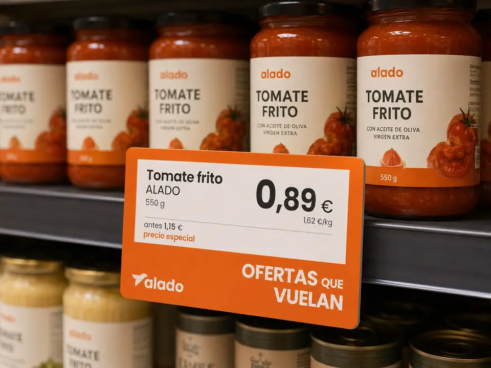 Etiqueta de precio de Alado en el lineal de tomate frito: «Ofertas que vuelan»