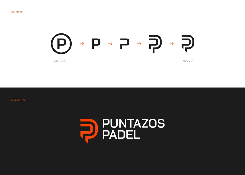 Evolución del isotipo de Puntazos Pádel, del anterior al nuevo, y logotipo sobre fondo negro