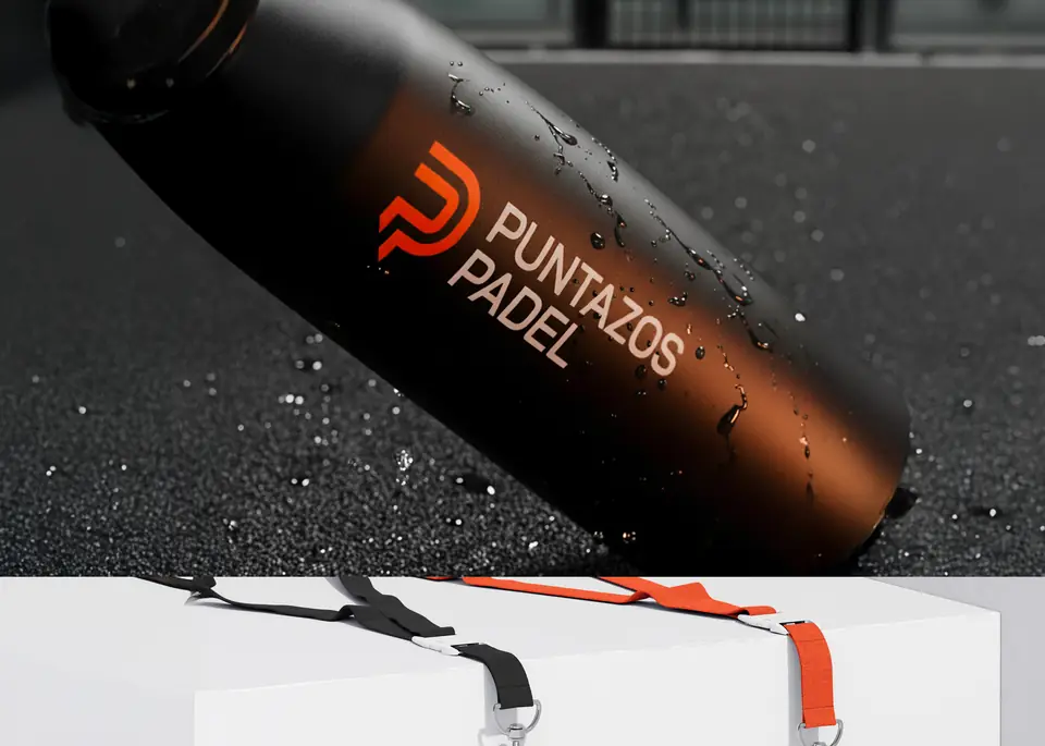 Botella negra con el logotipo de Puntazos Pádel y lanyards naranjas