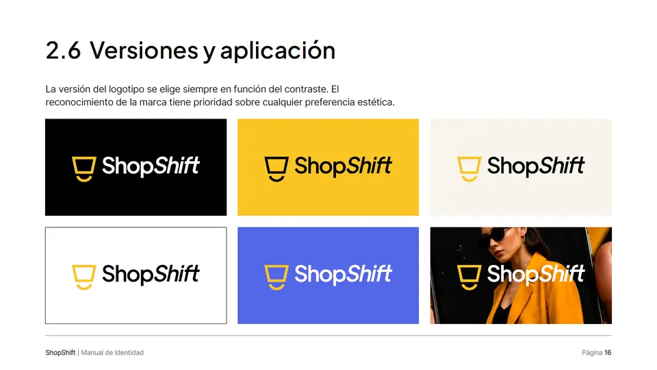 Página del manual de marca de ShopShift con las versiones del logotipo sobre distintos fondos