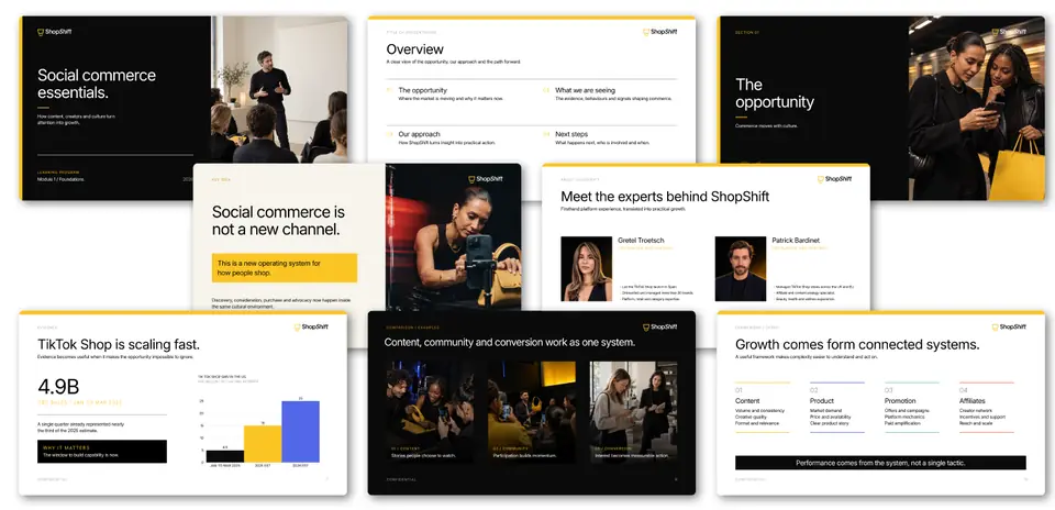Diapositivas de presentación de ShopShift sobre social commerce y TikTok Shop